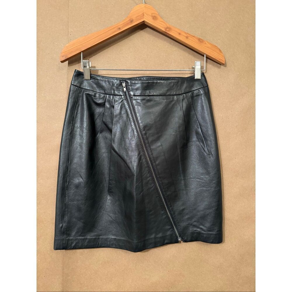 Leather Mini Skirt with Asymmetrical Zipper by Trouve‎